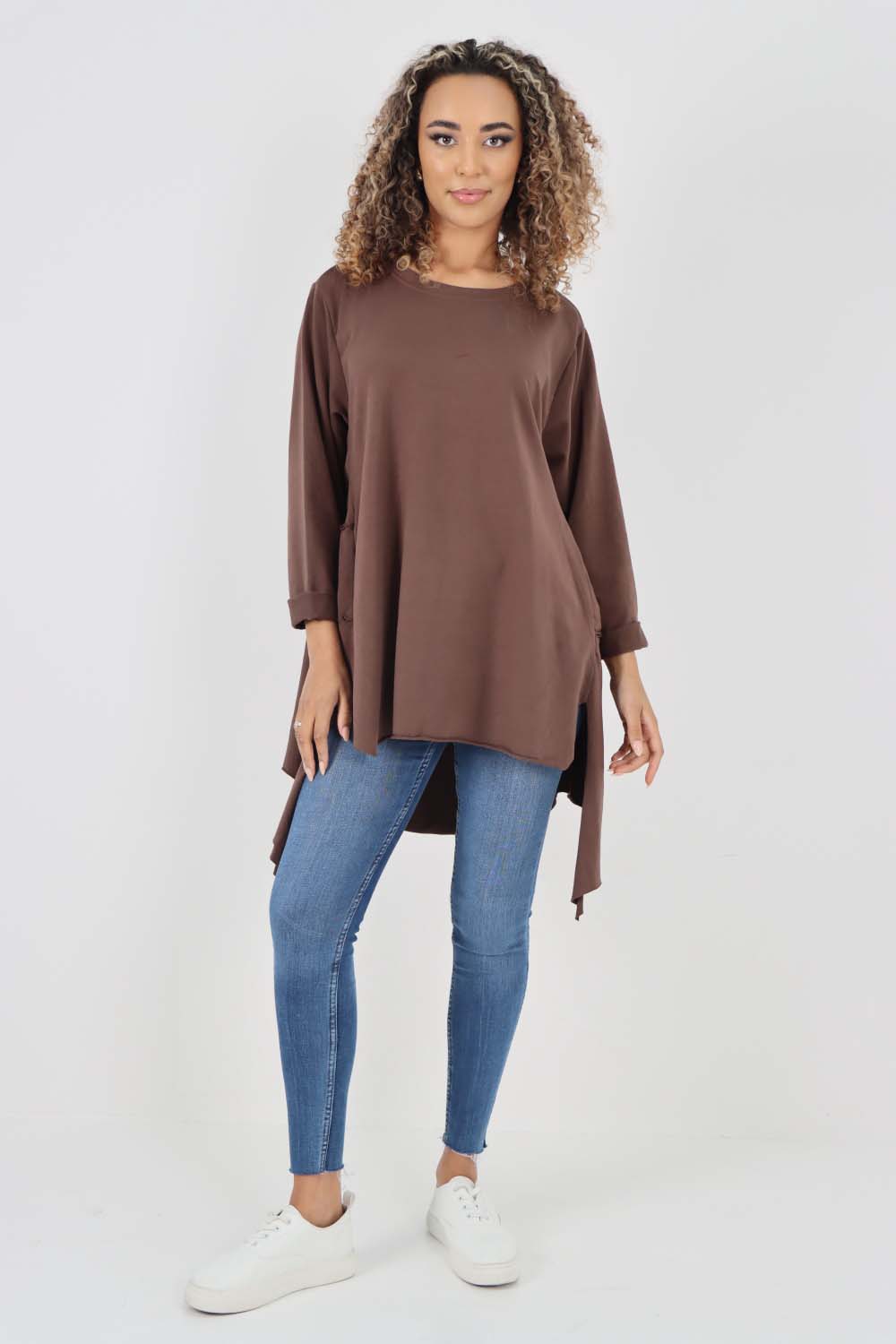 Italian Plain Pockets Dip Hem Cotton Top