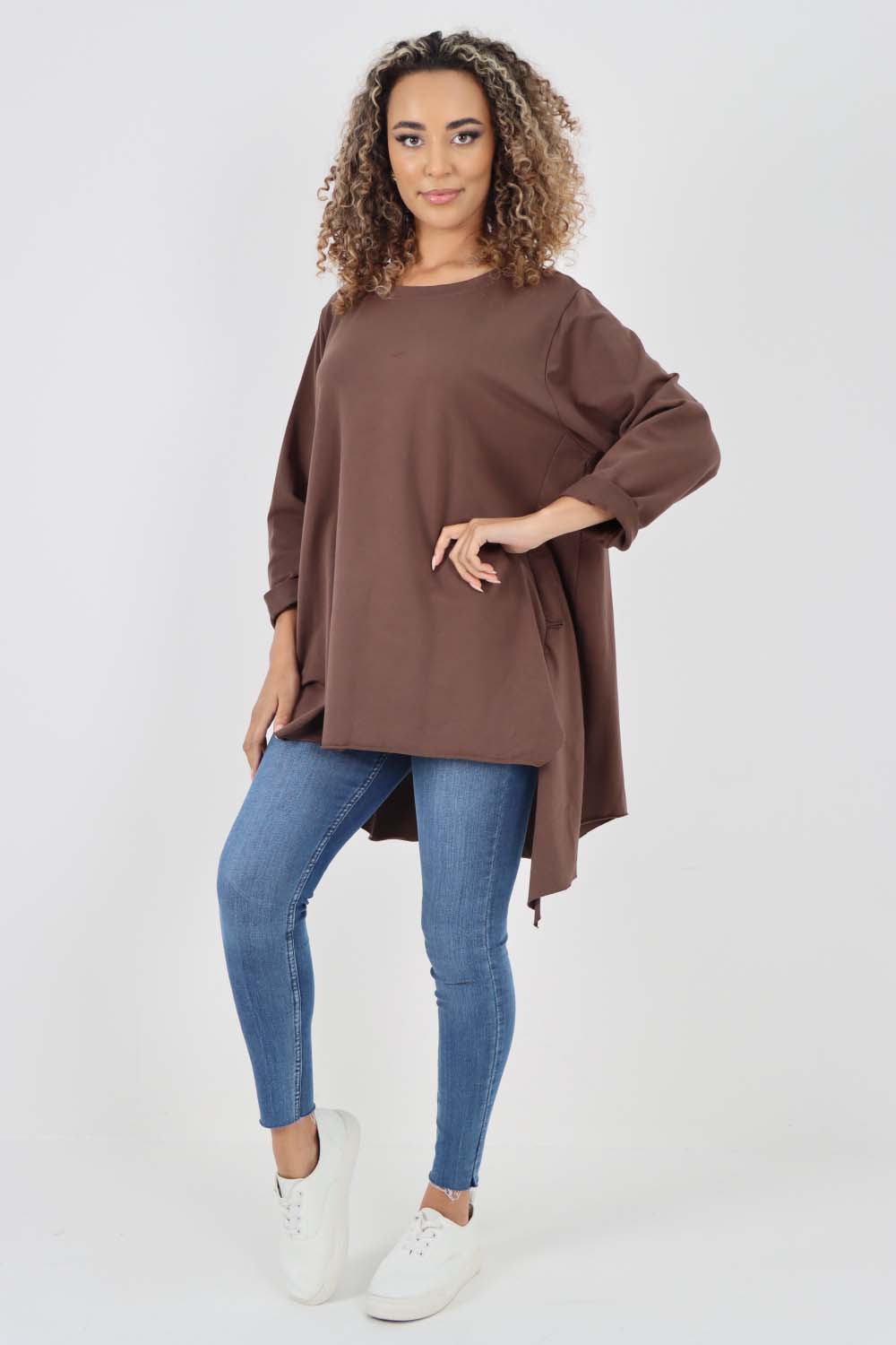 Italian Plain Pockets Dip Hem Cotton Top