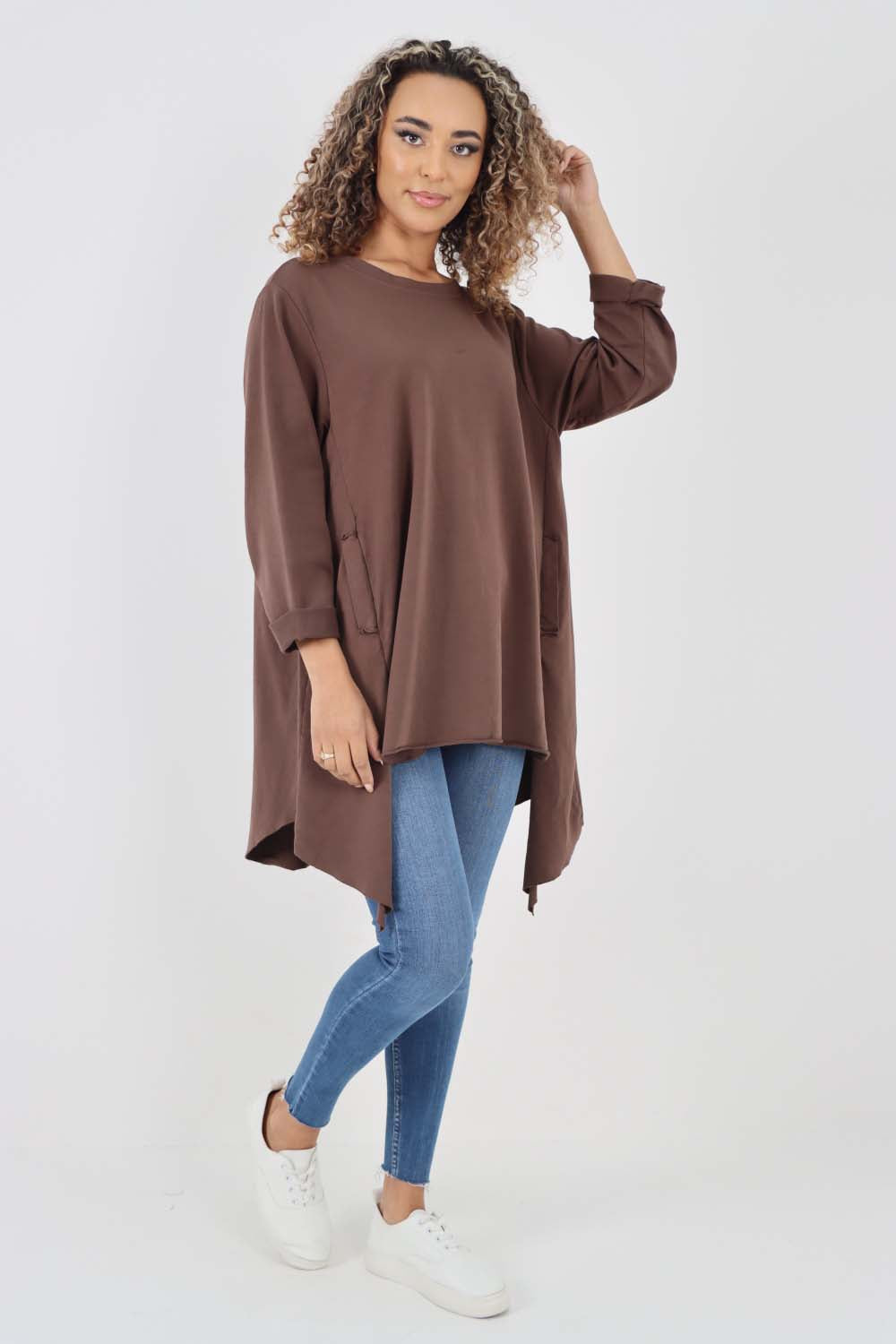 Italian Plain Pockets Dip Hem Cotton Top