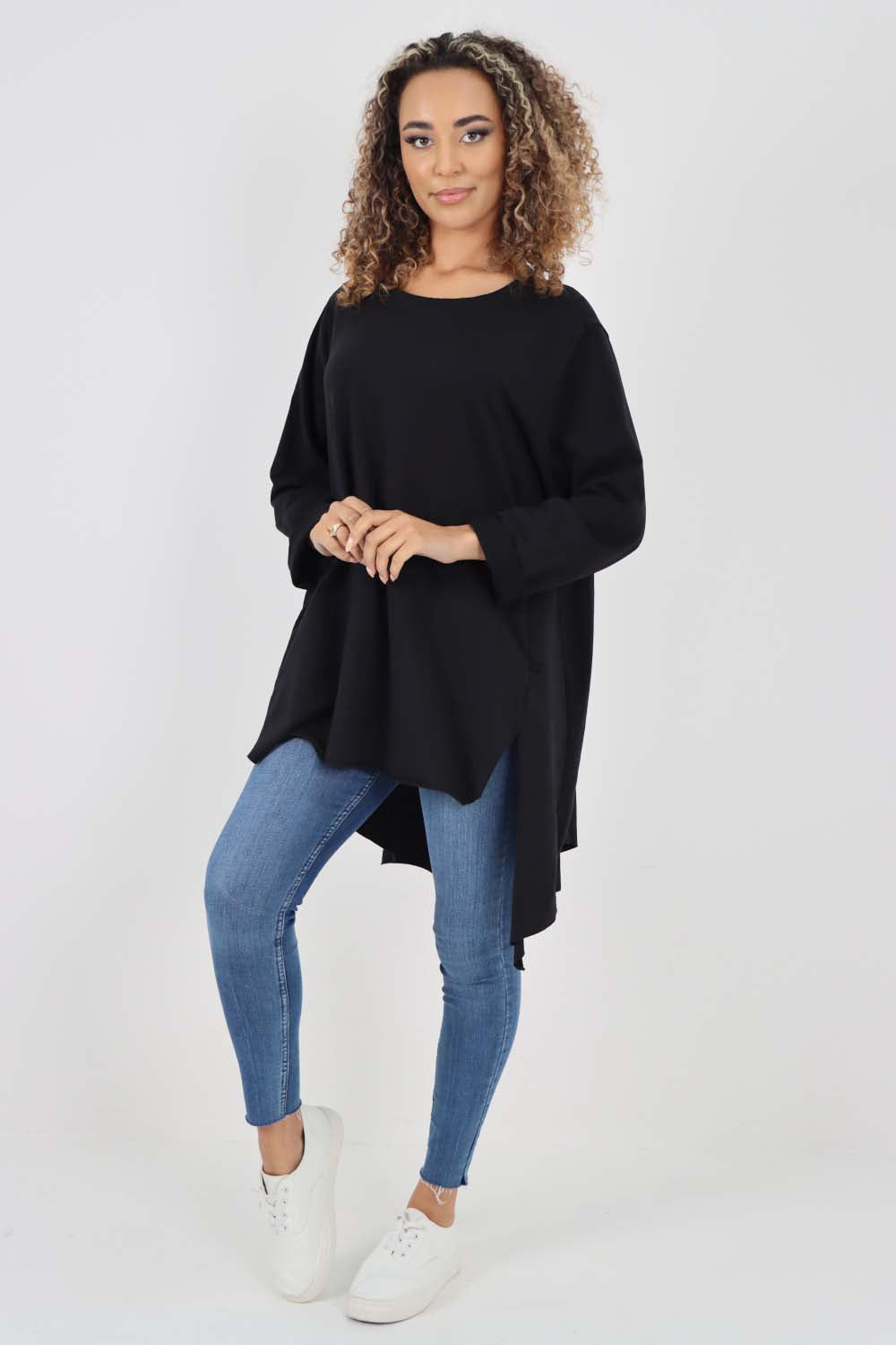 Italian Plain Pockets Dip Hem Cotton Top