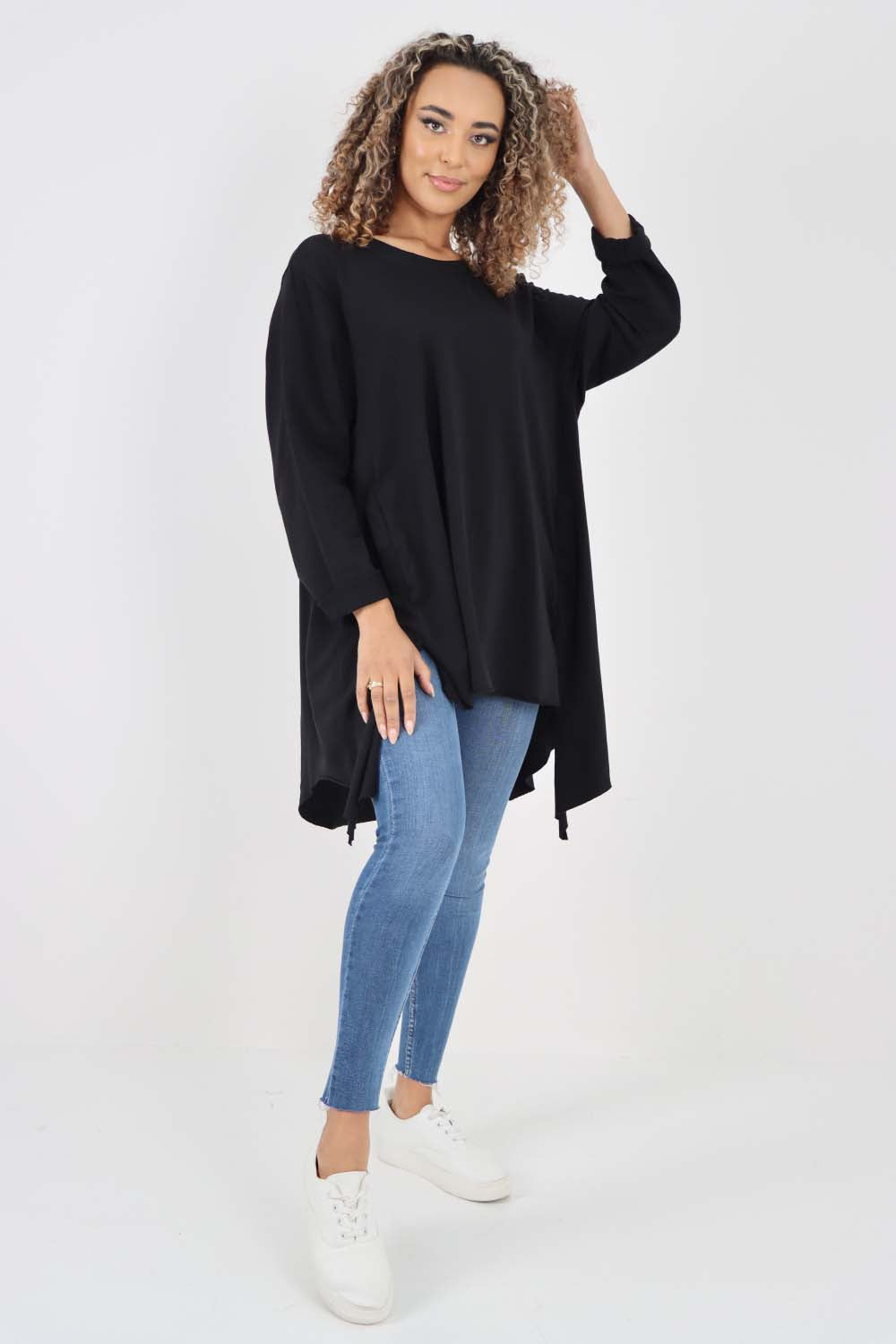Italian Plain Pockets Dip Hem Cotton Top