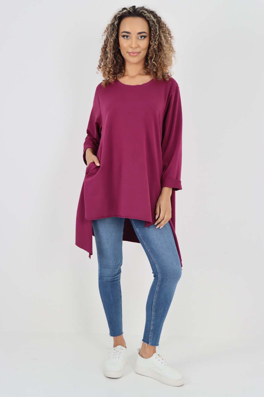 Italian Plain Pockets Dip Hem Cotton Top