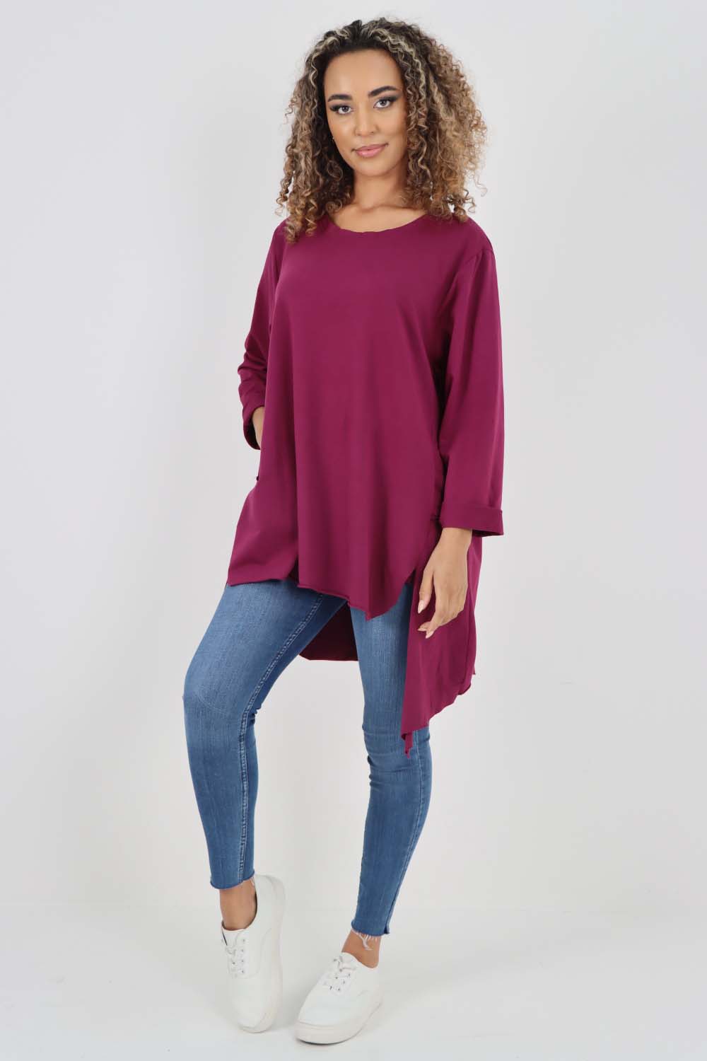 Italian Plain Pockets Dip Hem Cotton Top