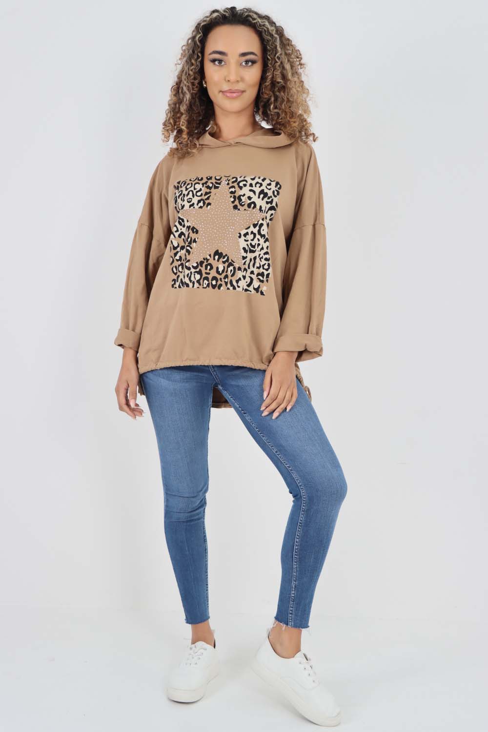 Italian Leopard Star Print Drawstring Hem Cotton Hoodie