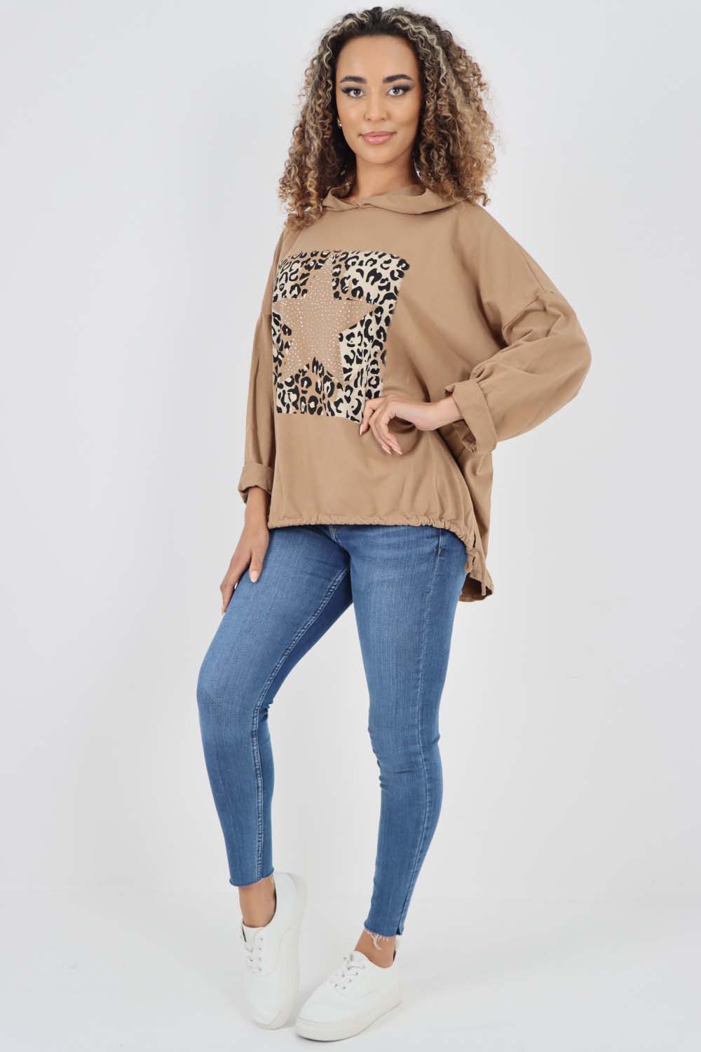 Italian Leopard Star Print Drawstring Hem Cotton Hoodie