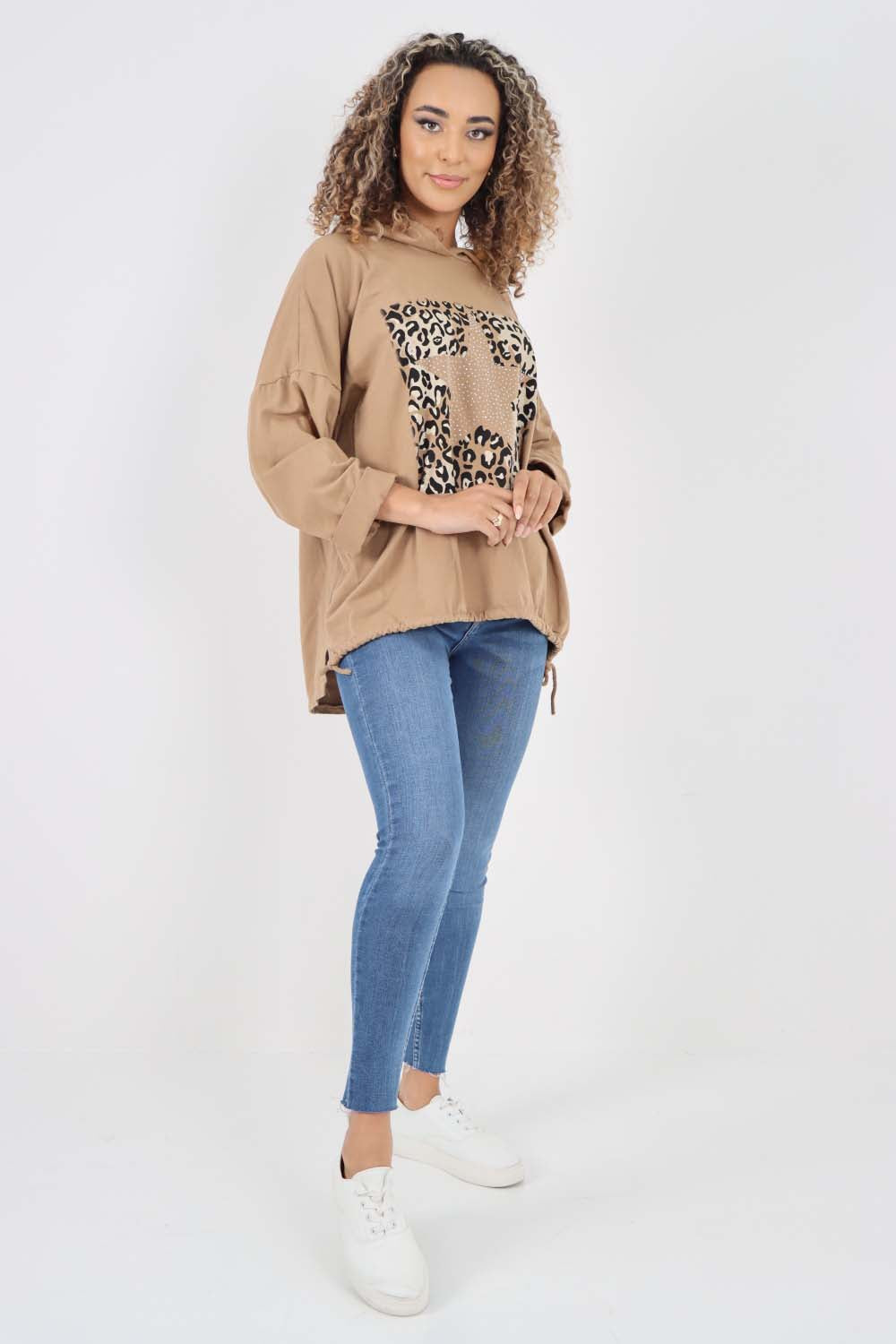 Italian Leopard Star Print Drawstring Hem Cotton Hoodie