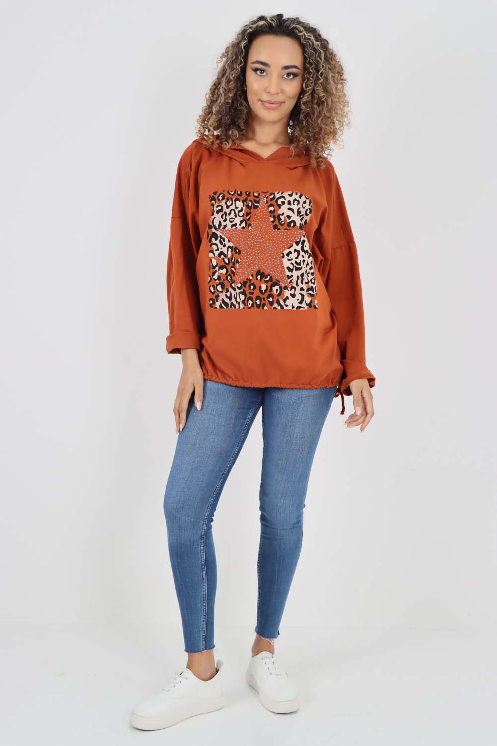 Italian Leopard Star Print Drawstring Hem Cotton Hoodie