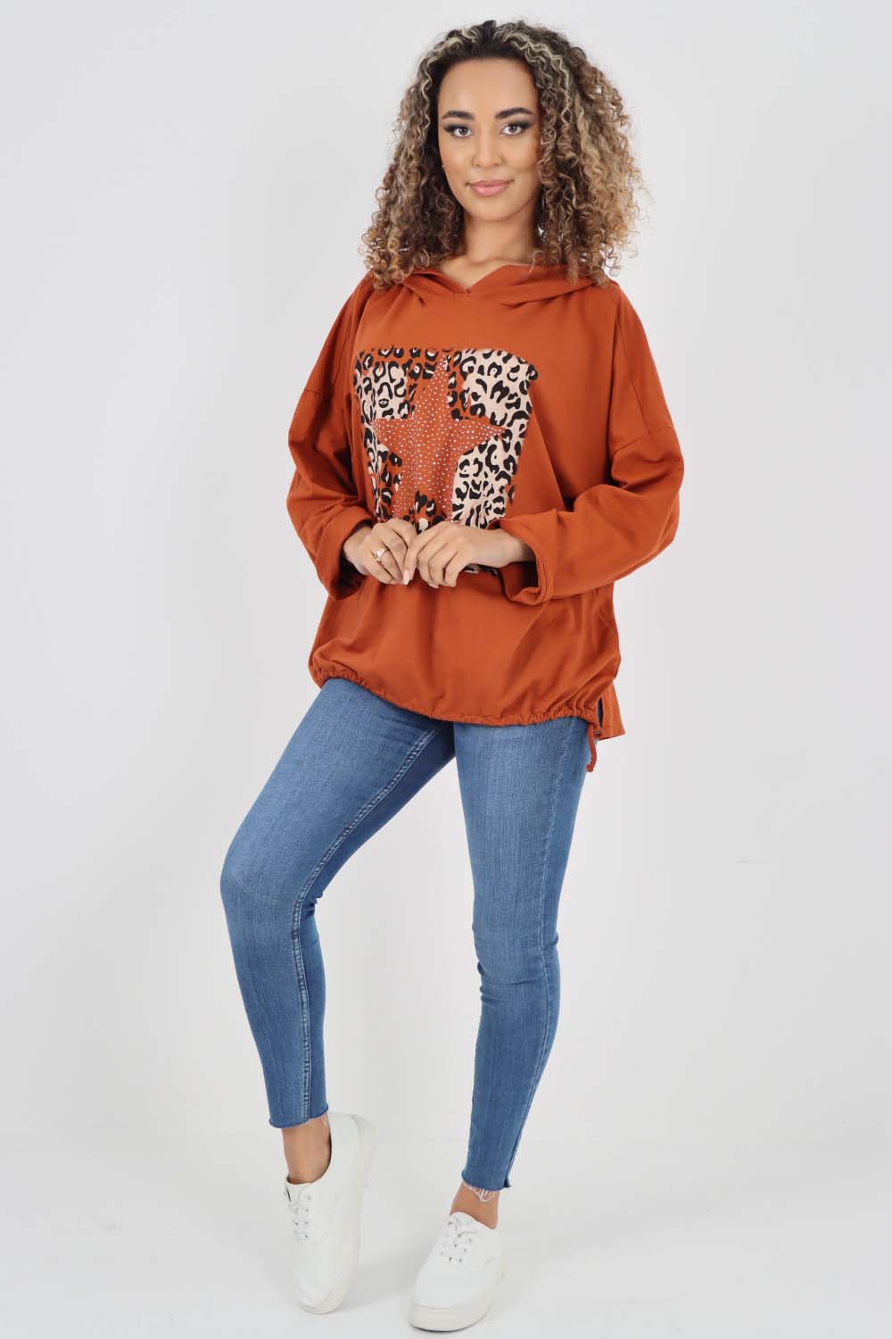 Italian Leopard Star Print Drawstring Hem Cotton Hoodie