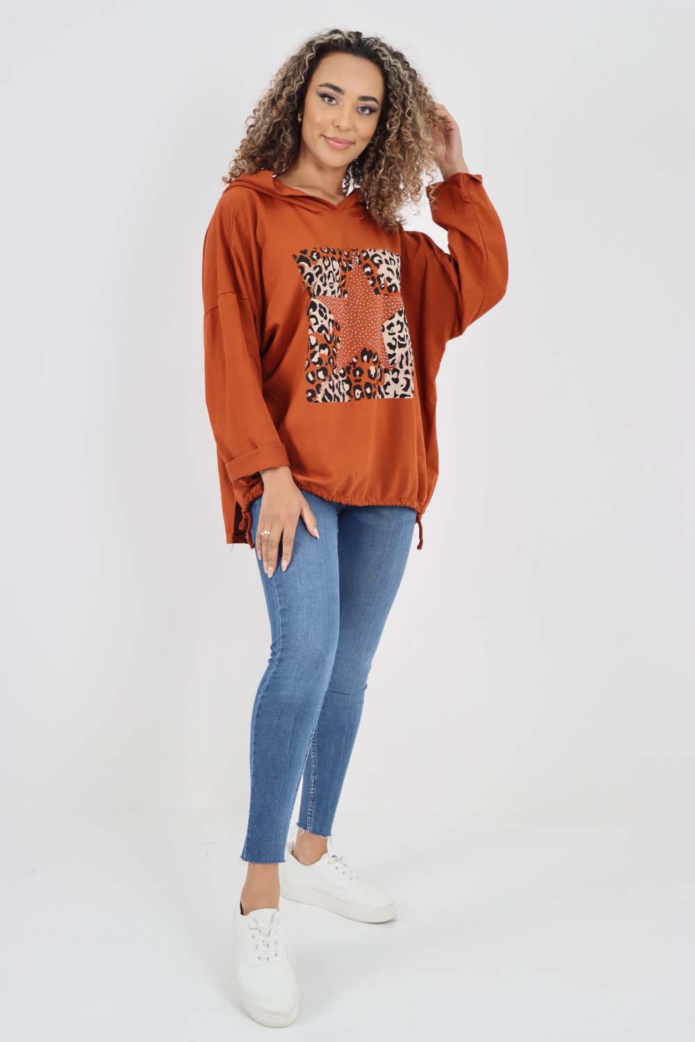 Italian Leopard Star Print Drawstring Hem Cotton Hoodie