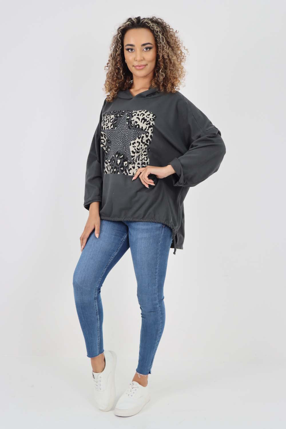 Italian Leopard Star Print Drawstring Hem Cotton Hoodie