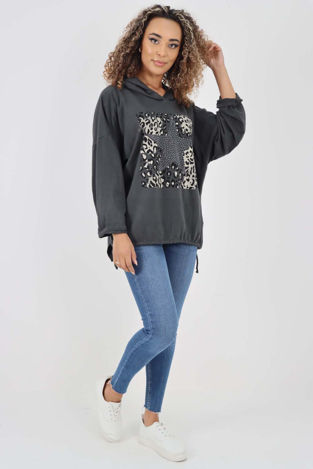 Italian Leopard Star Print Drawstring Hem Cotton Hoodie