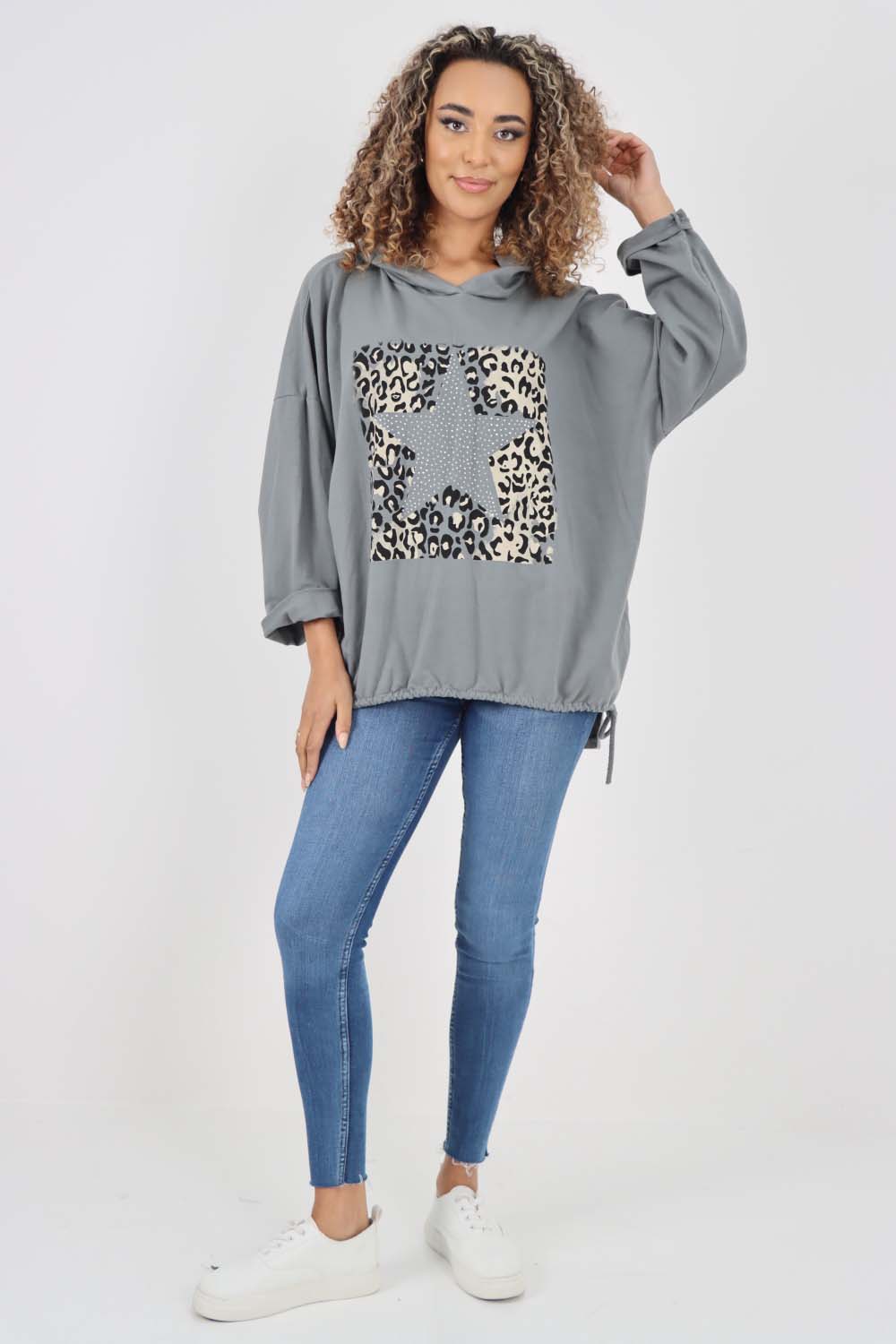 Italian Leopard Star Print Drawstring Hem Cotton Hoodie