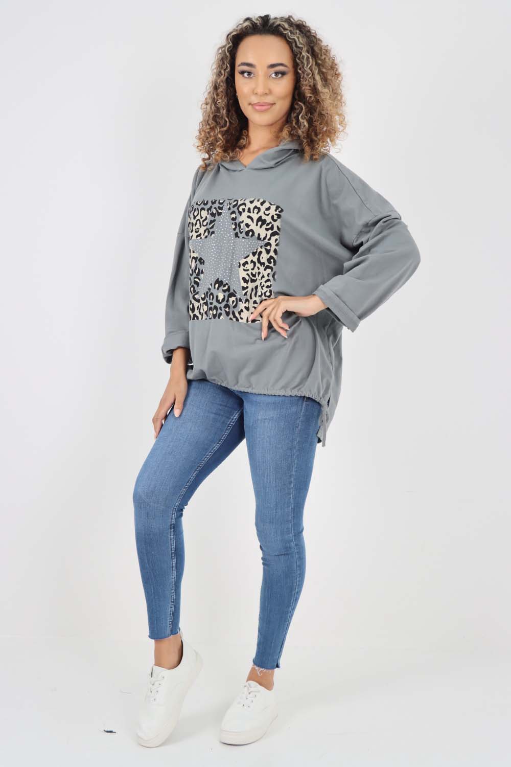 Italian Leopard Star Print Drawstring Hem Cotton Hoodie