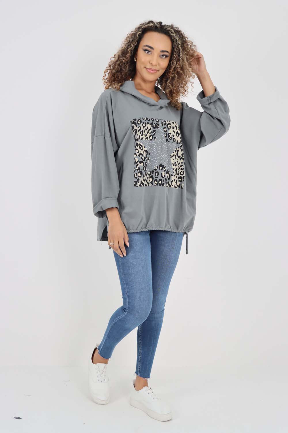 Italian Leopard Star Print Drawstring Hem Cotton Hoodie