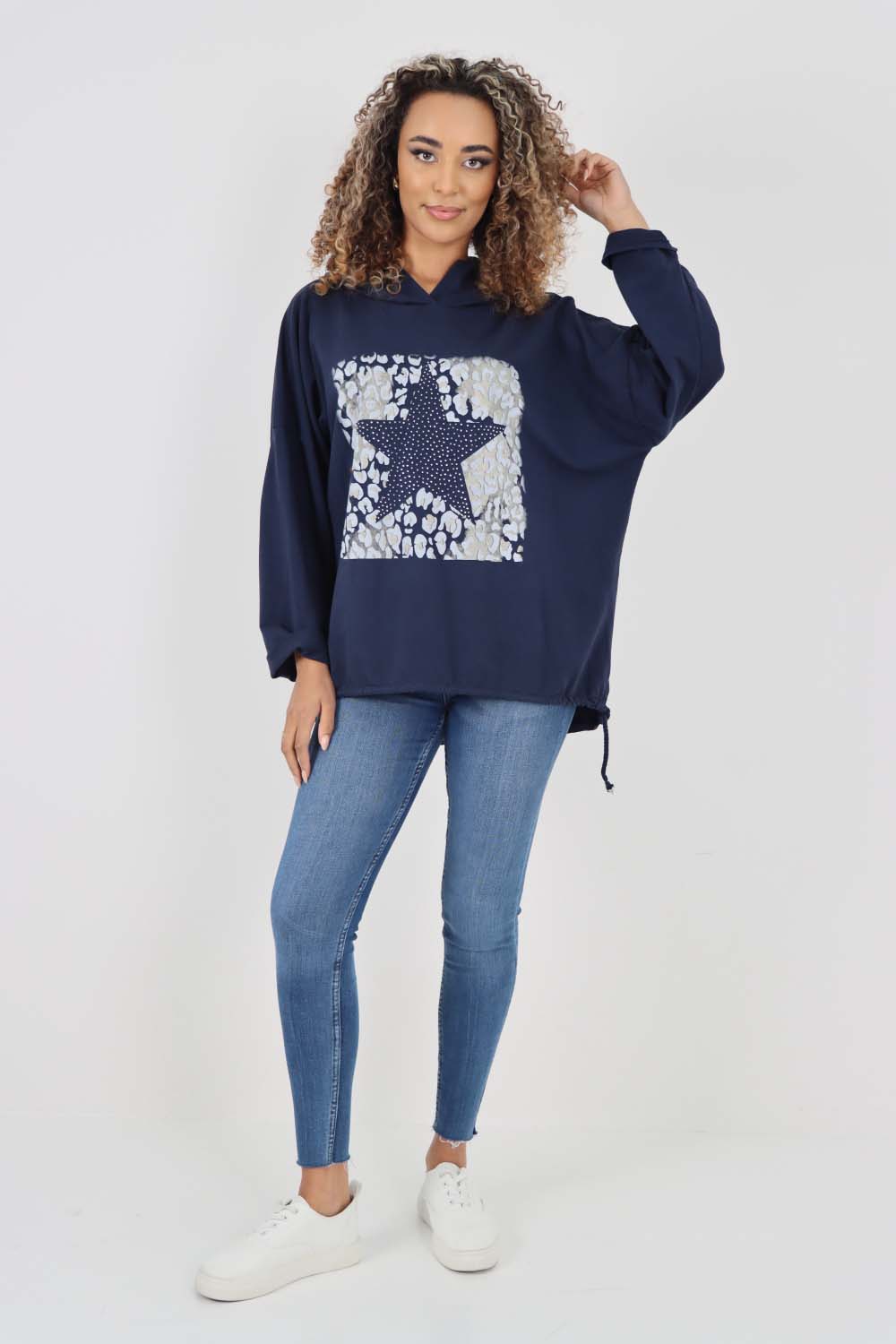 Italian Leopard Star Print Drawstring Hem Cotton Hoodie