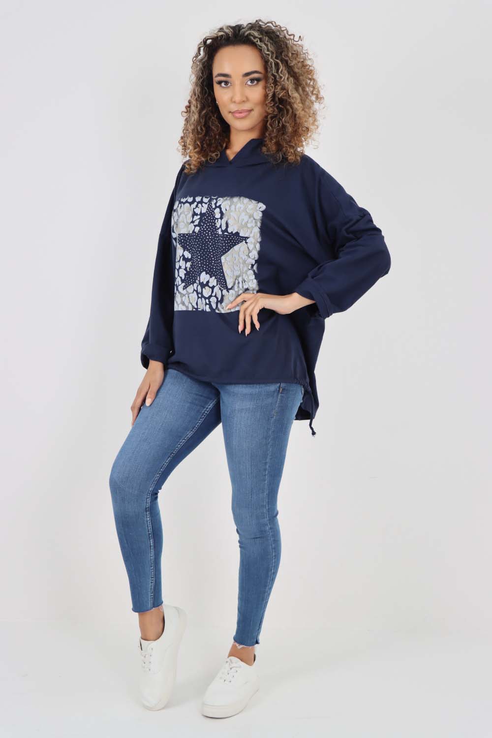 Italian Leopard Star Print Drawstring Hem Cotton Hoodie