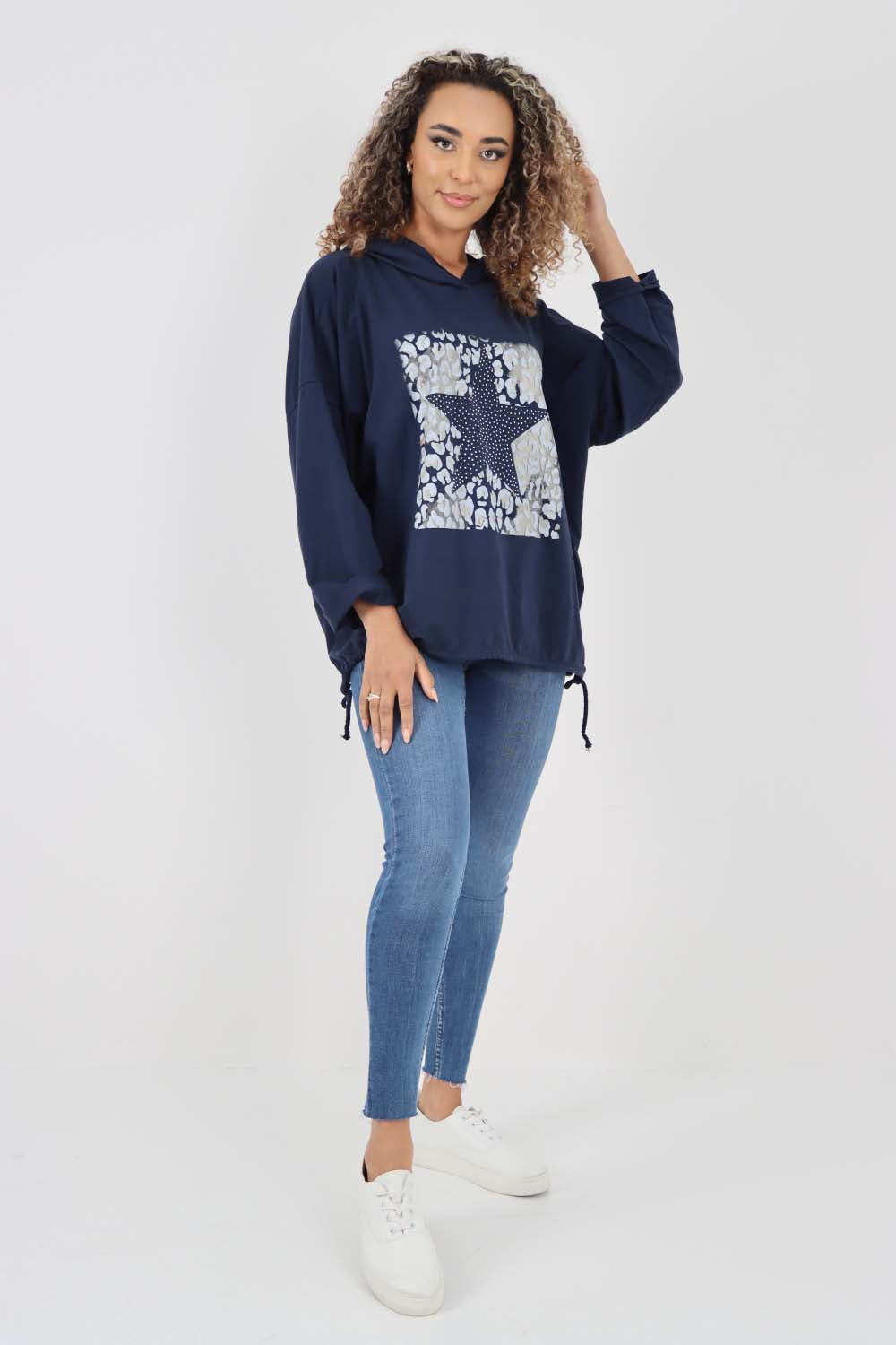 Italian Leopard Star Print Drawstring Hem Cotton Hoodie