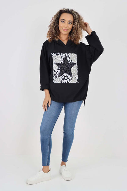 Italian Leopard Star Print Drawstring Hem Cotton Hoodie