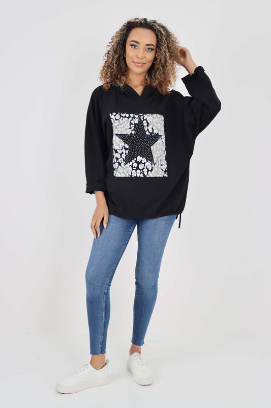 Italian Leopard Star Print Drawstring Hem Cotton Hoodie