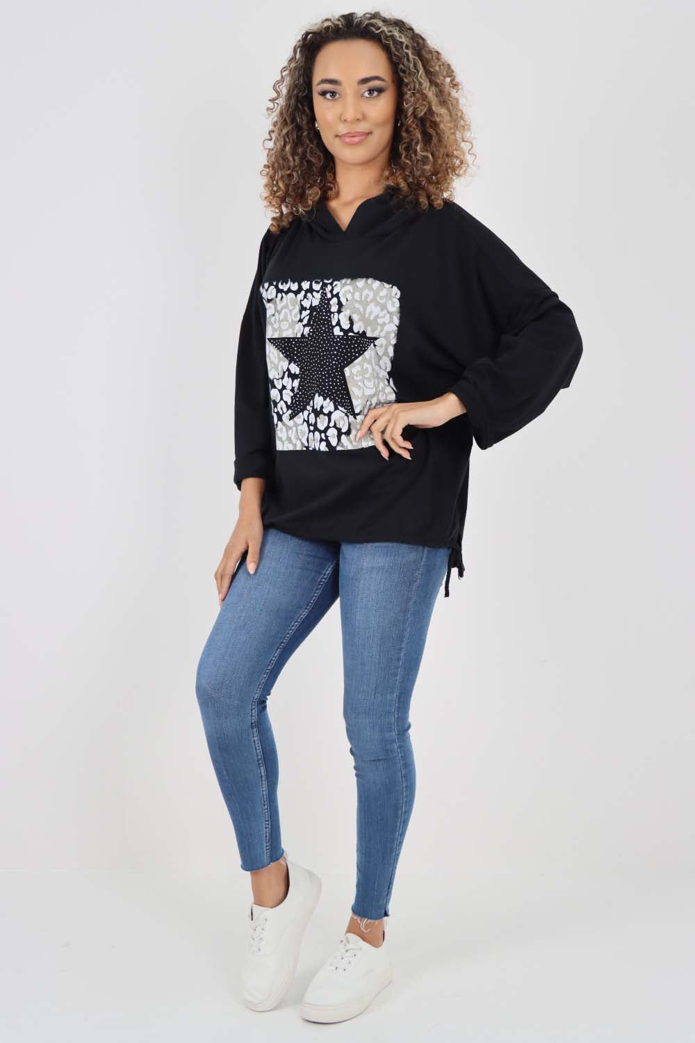 Italian Leopard Star Print Drawstring Hem Cotton Hoodie