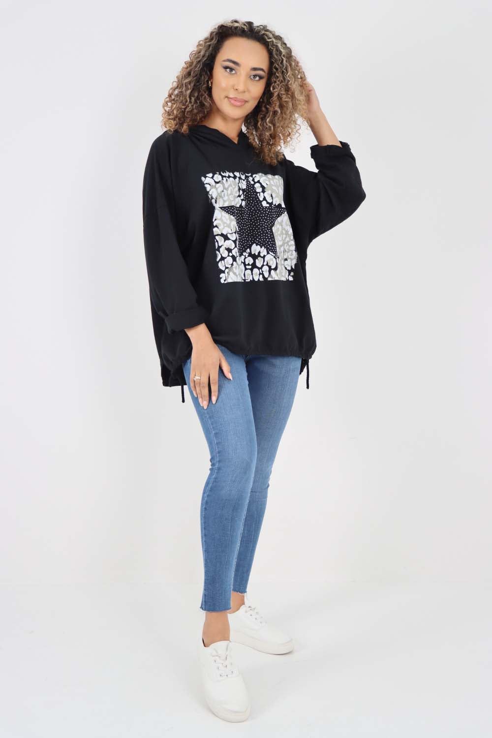 Italian Leopard Star Print Drawstring Hem Cotton Hoodie