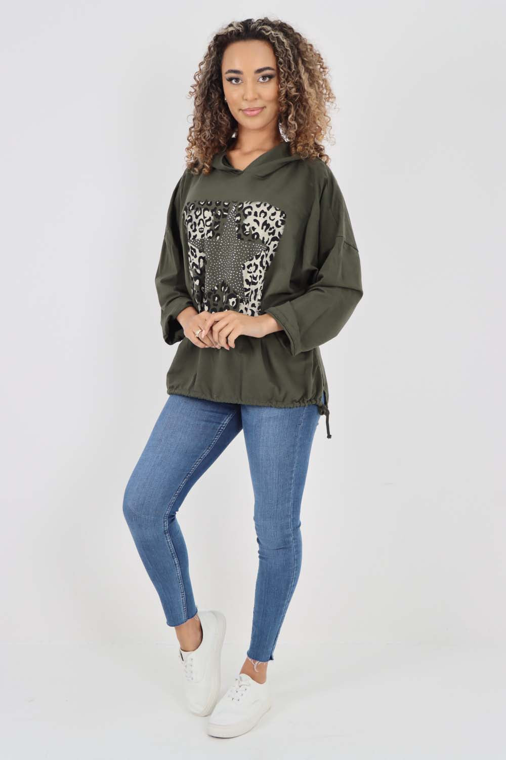 Italian Leopard Star Print Drawstring Hem Cotton Hoodie