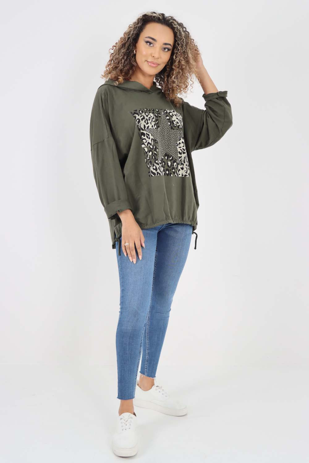 Italian Leopard Star Print Drawstring Hem Cotton Hoodie