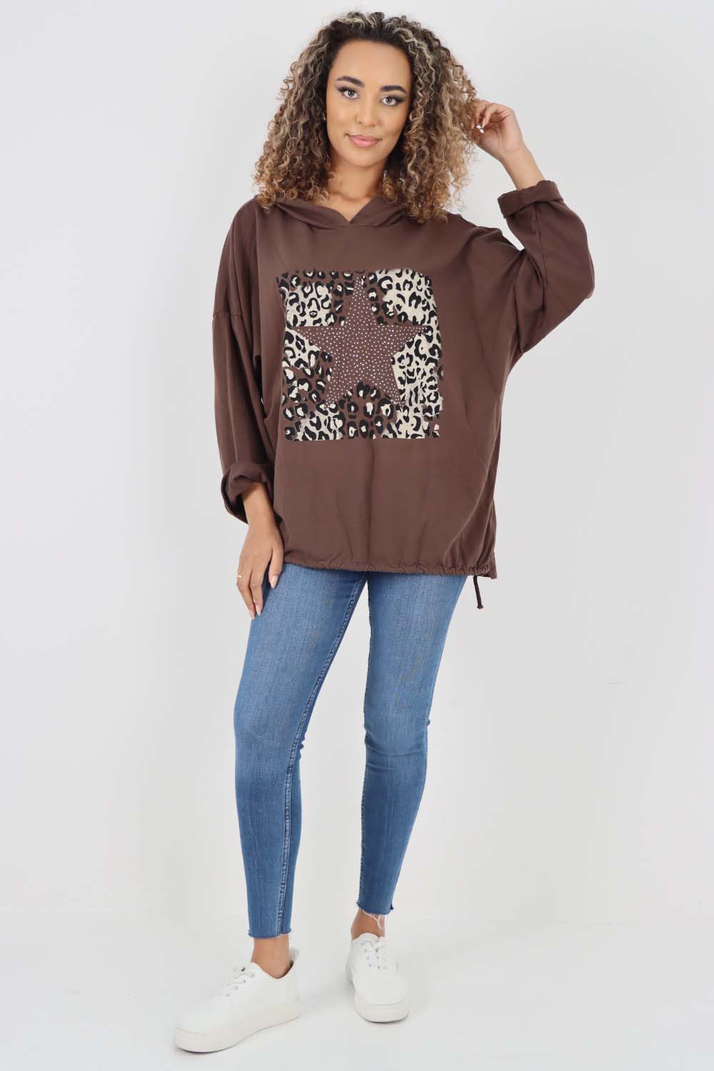 Italian Leopard Star Print Drawstring Hem Cotton Hoodie