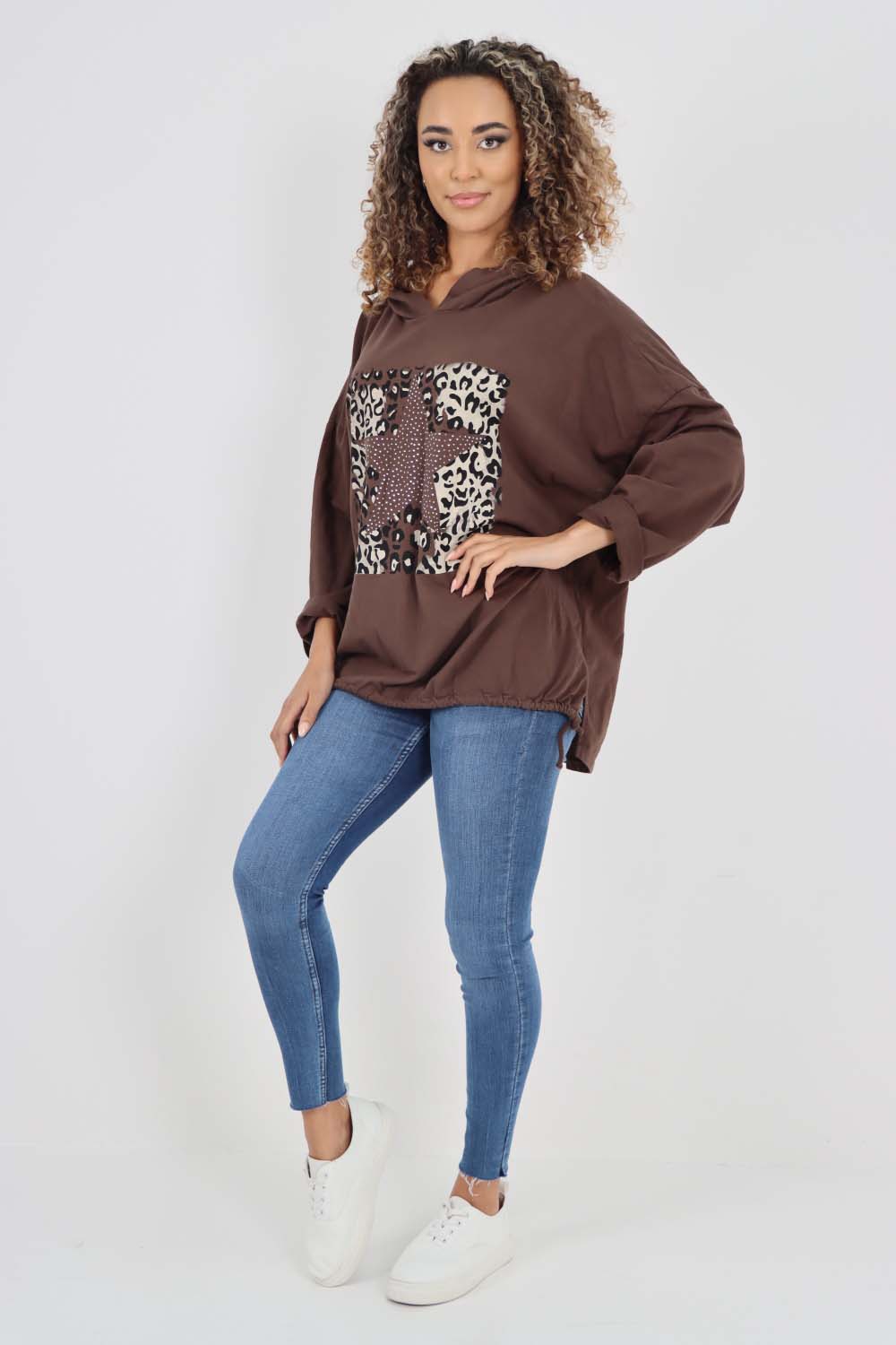 Italian Leopard Star Print Drawstring Hem Cotton Hoodie