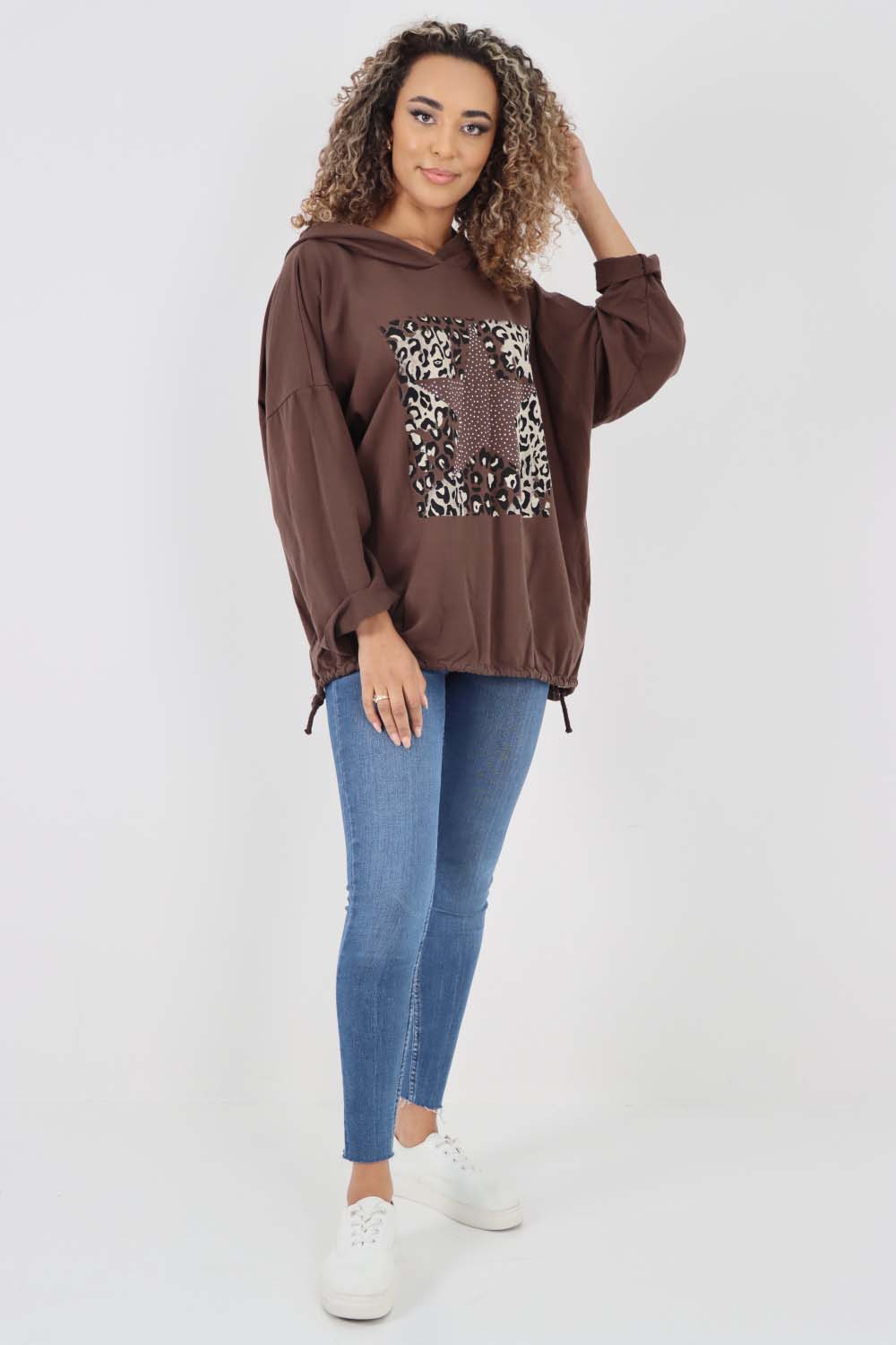 Italian Leopard Star Print Drawstring Hem Cotton Hoodie