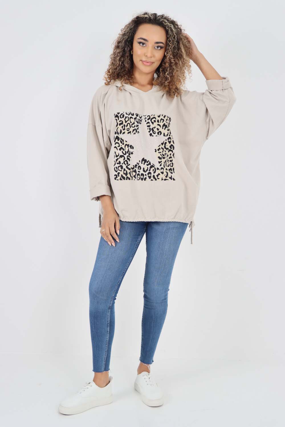 Italian Leopard Star Print Drawstring Hem Cotton Hoodie