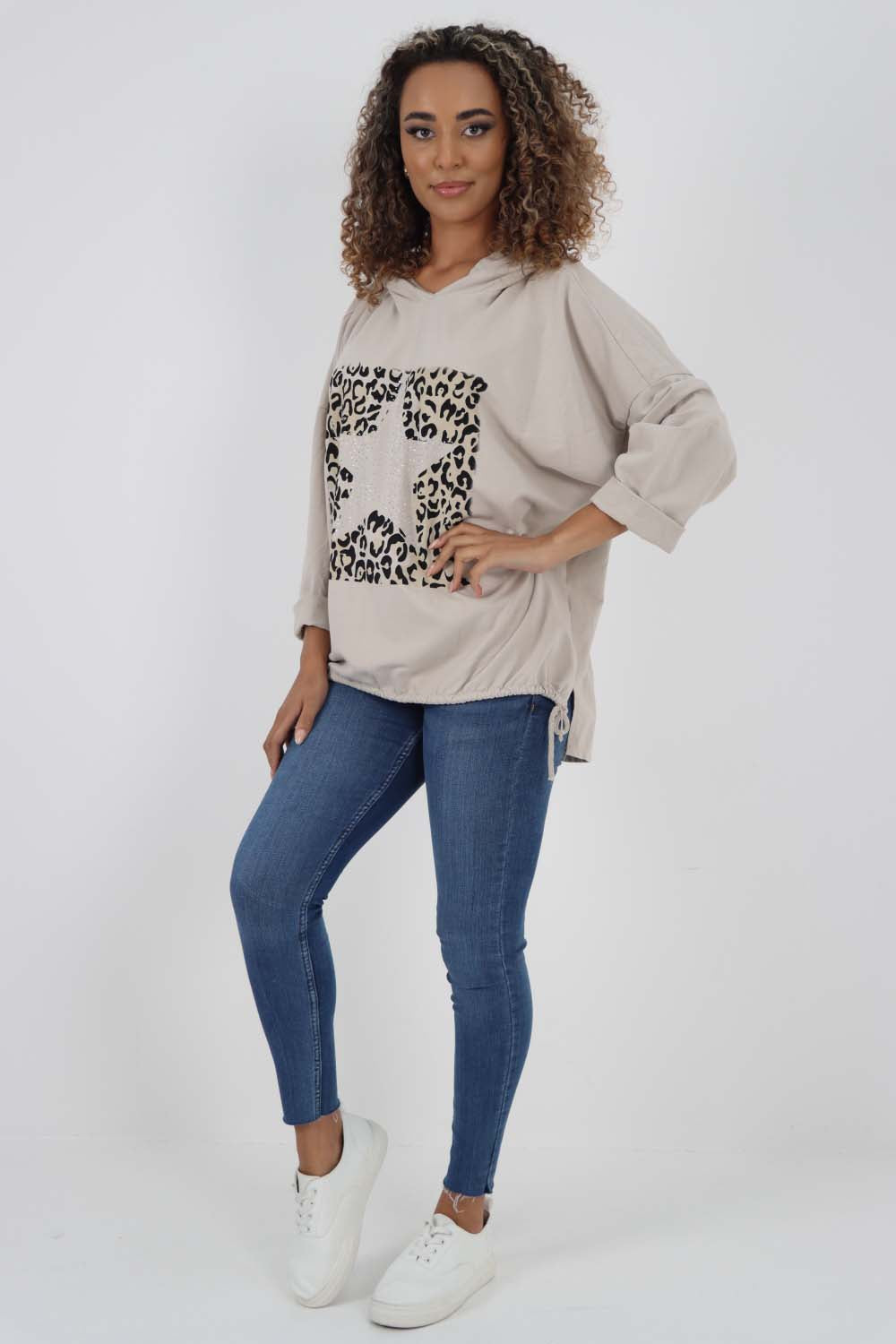 Italian Leopard Star Print Drawstring Hem Cotton Hoodie