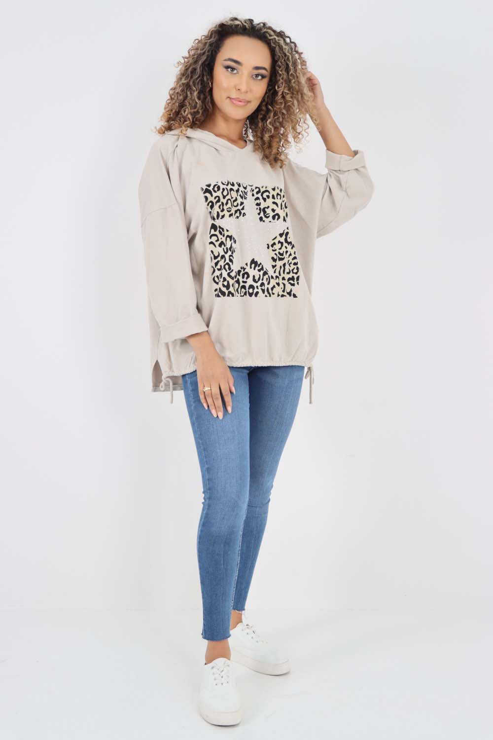 Italian Leopard Star Print Drawstring Hem Cotton Hoodie