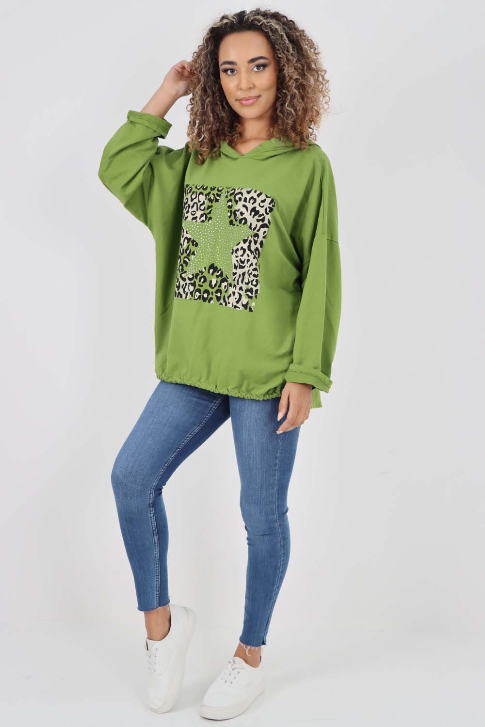 Italian Leopard Star Print Drawstring Hem Cotton Hoodie