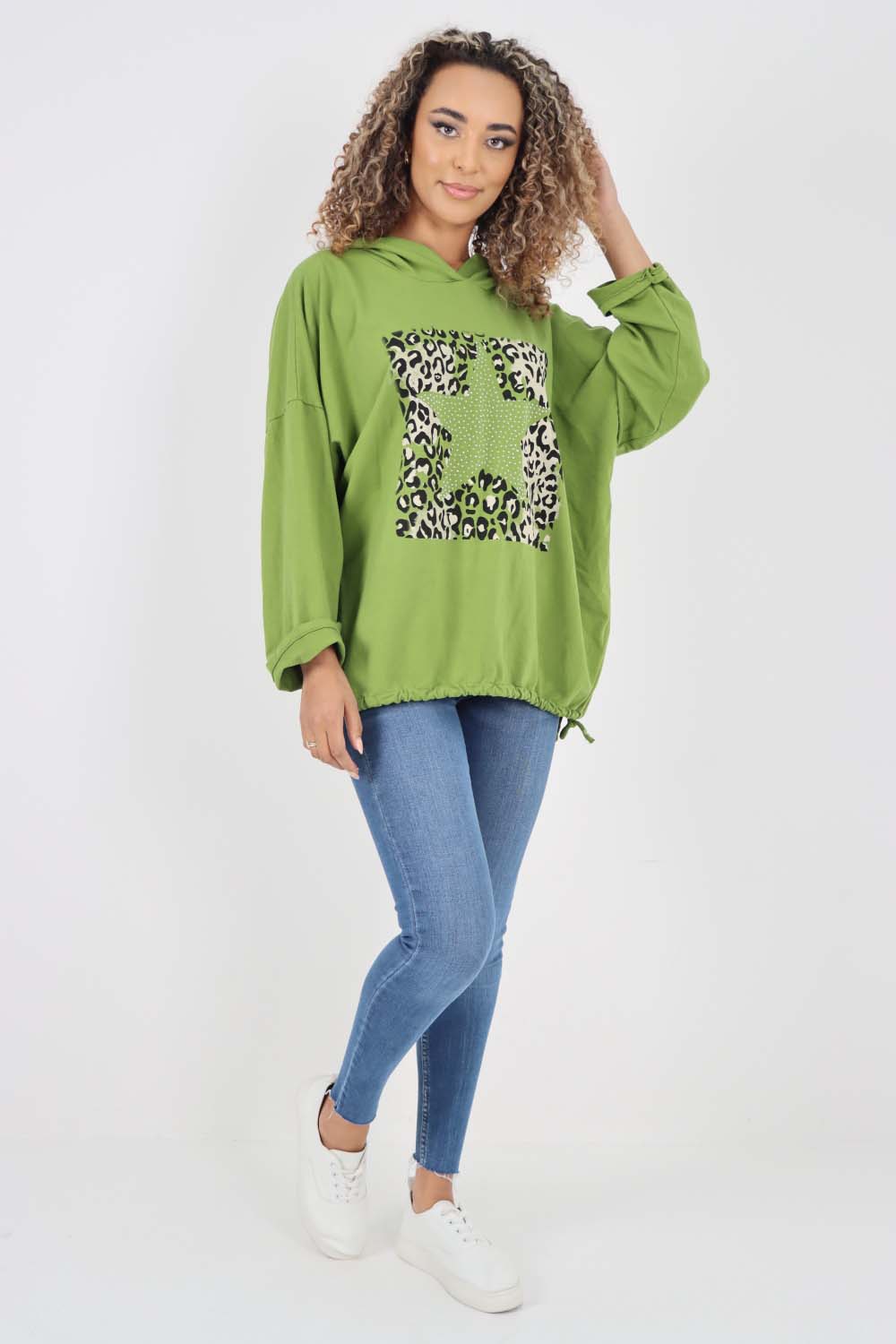 Italian Leopard Star Print Drawstring Hem Cotton Hoodie