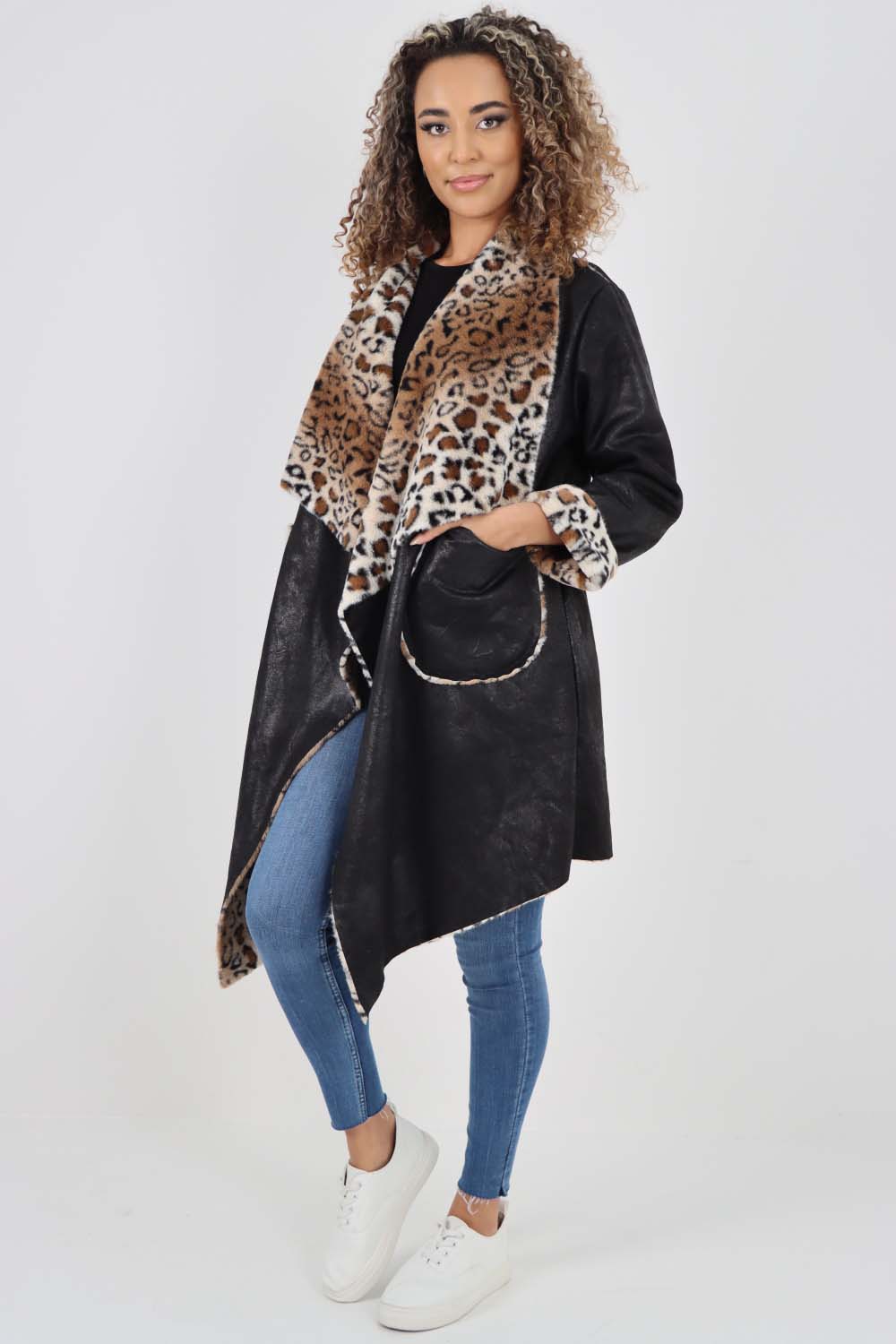 Italian Leopard print Open Front Pockets Polyester Gilet