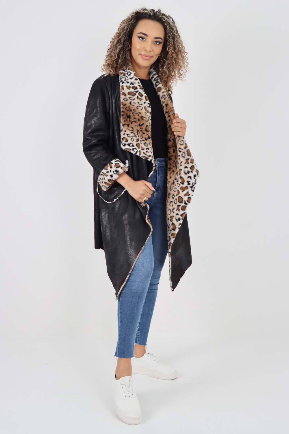 Italian Leopard print Open Front Pockets Polyester Gilet