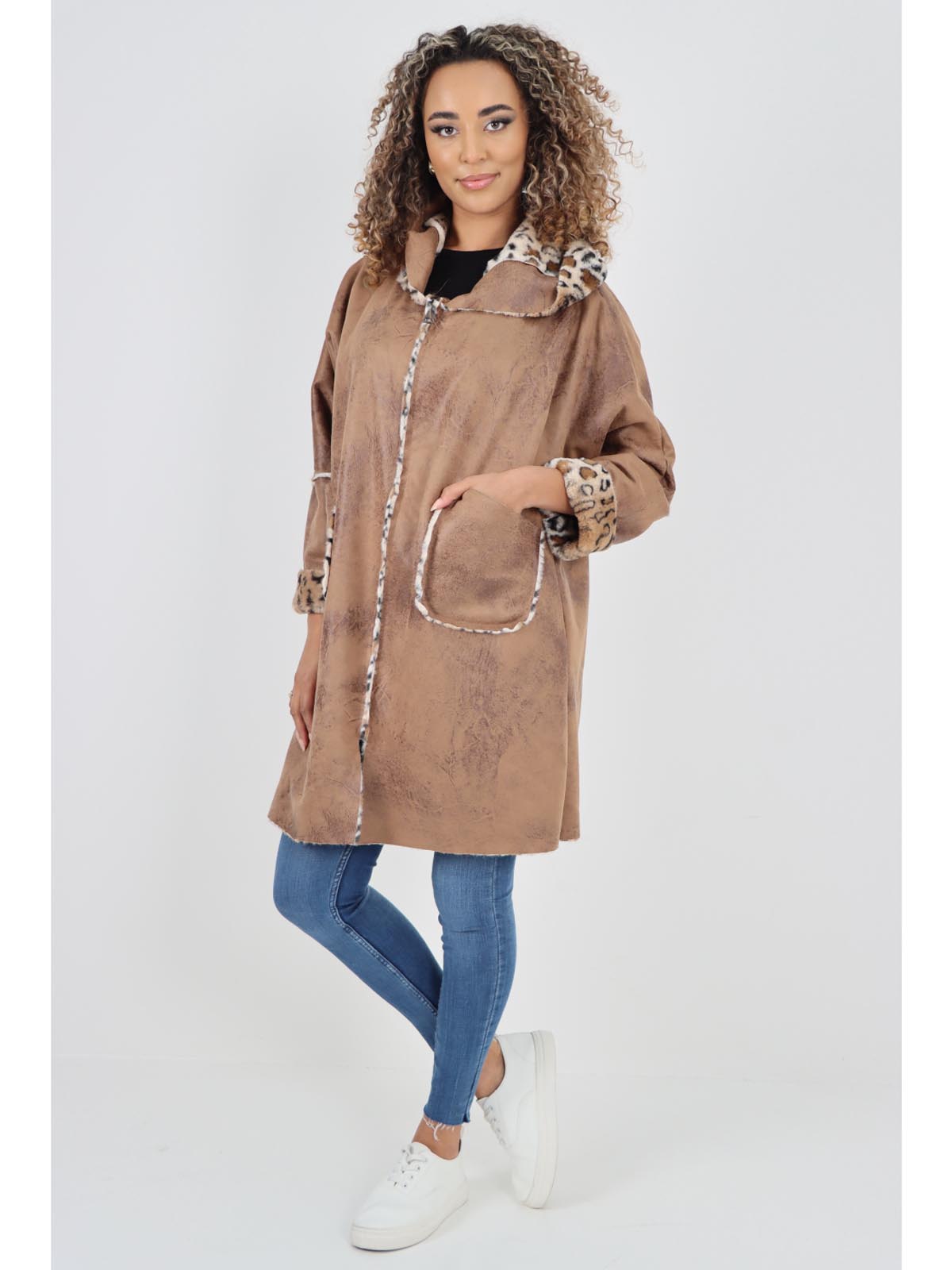 Italian Leopard Print Zip Up Hooded Polyester Jacket