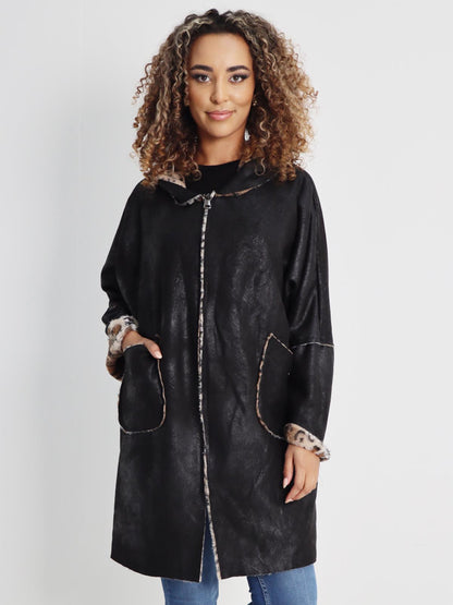 Italian Leopard Print Zip Up Hooded Polyester Jacket