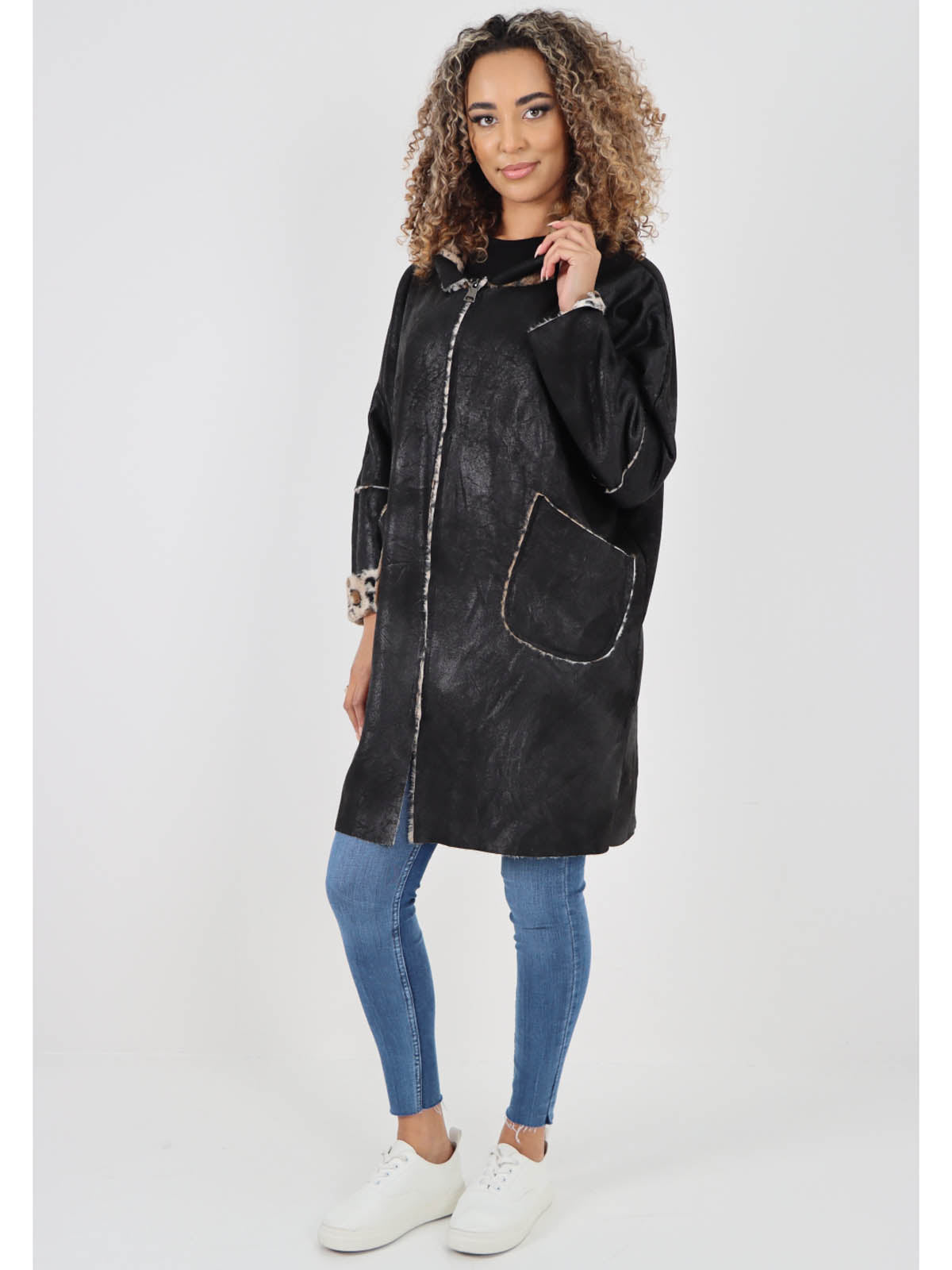 Italian Leopard Print Zip Up Hooded Polyester Jacket