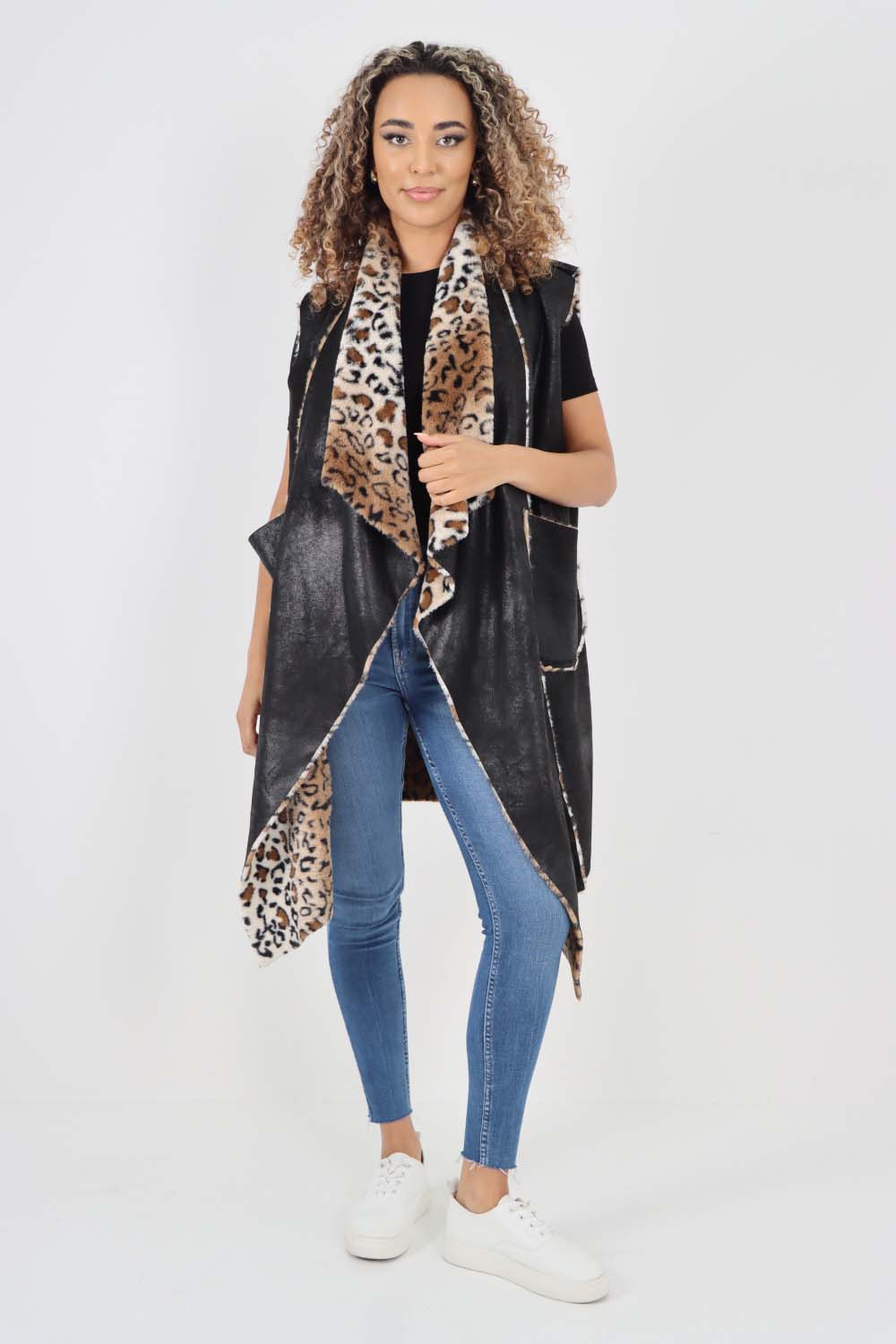 Italian Leopard print Open Front Layered Polyester Gilet