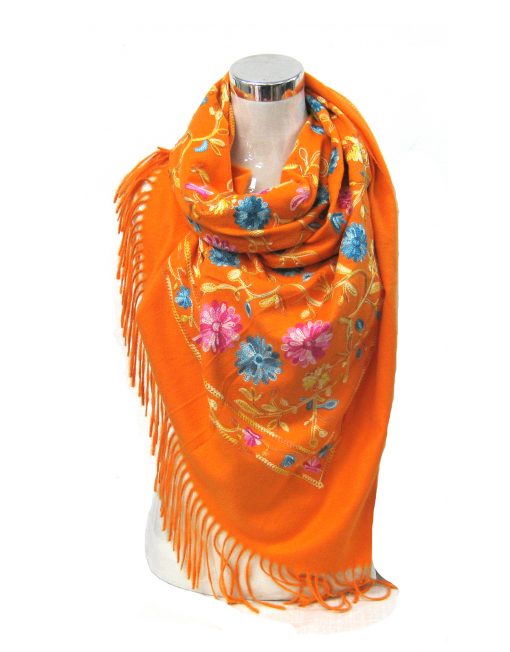 Cashmere Blend Embroidery Flower Pattern Winter Scarf with Tassel Hem