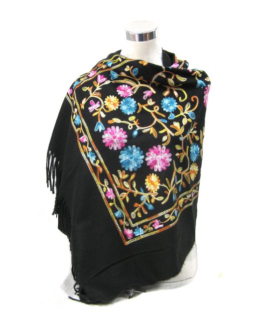 Cashmere Blend Embroidery Flower Pattern Winter Scarf with Tassel Hem