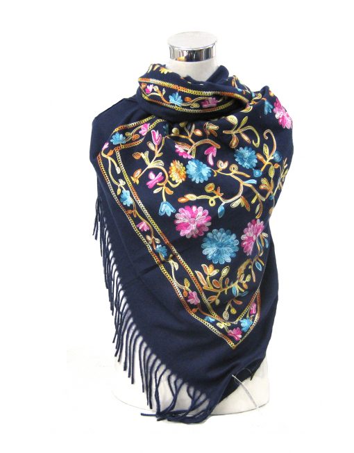 Cashmere Blend Embroidery Flower Pattern Winter Scarf with Tassel Hem