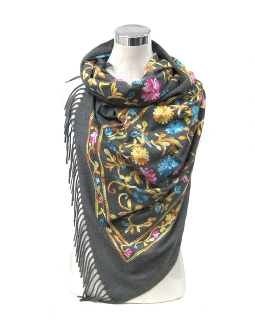 Cashmere Blend Embroidery Flower Pattern Winter Scarf with Tassel Hem