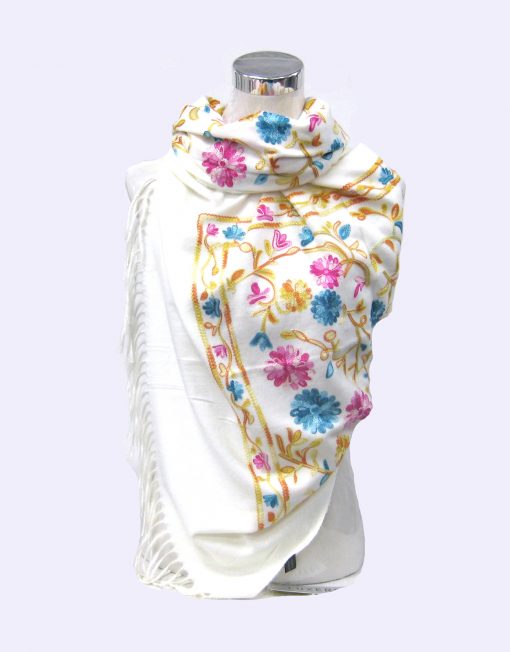 Cashmere Blend Embroidery Flower Pattern Winter Scarf with Tassel Hem