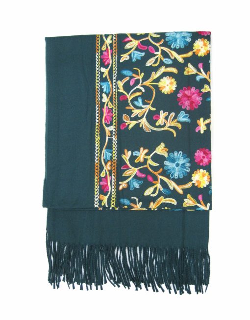 Cashmere Blend Embroidery Flower Pattern Winter Scarf with Tassel Hem