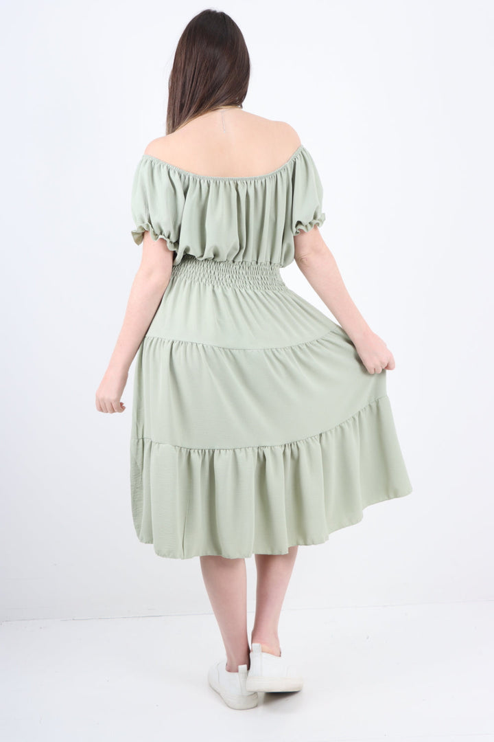 Italian Off The Shoulder Elasticated Waist Tiered Midi Dress