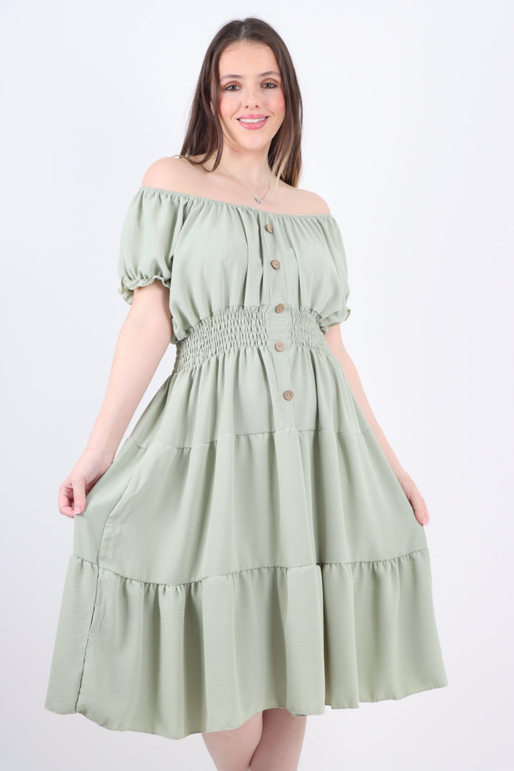 Italian Off The Shoulder Elasticated Waist Tiered Midi Dress