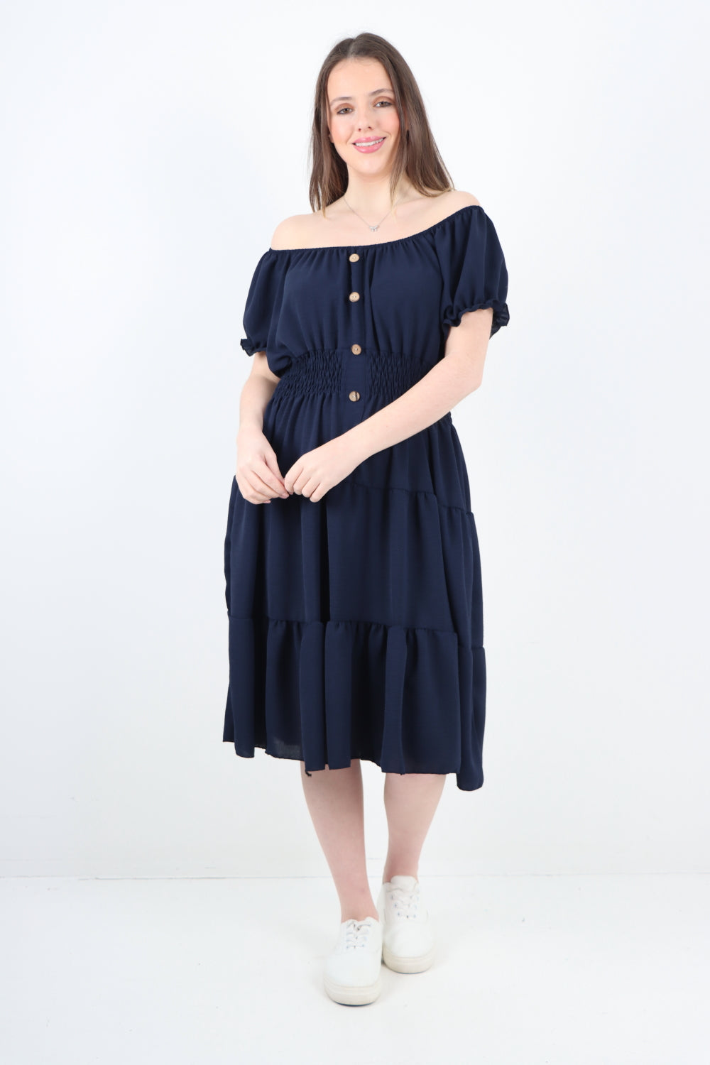 Italian Off The Shoulder Elasticated Waist Tiered Midi Dress